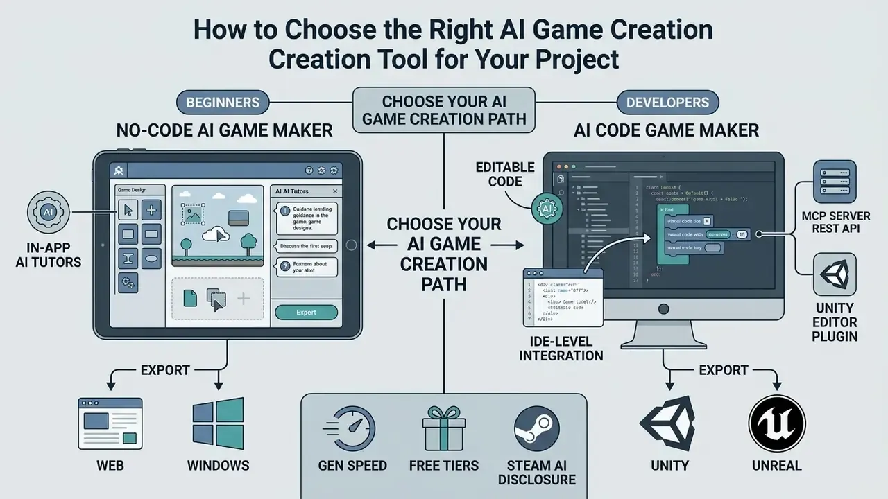 Comparison infographic branching into no-code tools for beginners and code-based platforms for developers