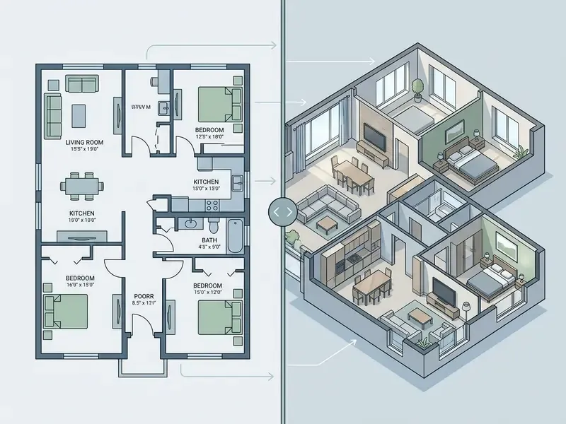 Side by side comparison of a flat 2D floor plan layout and its corresponding 3D architectural rendering
