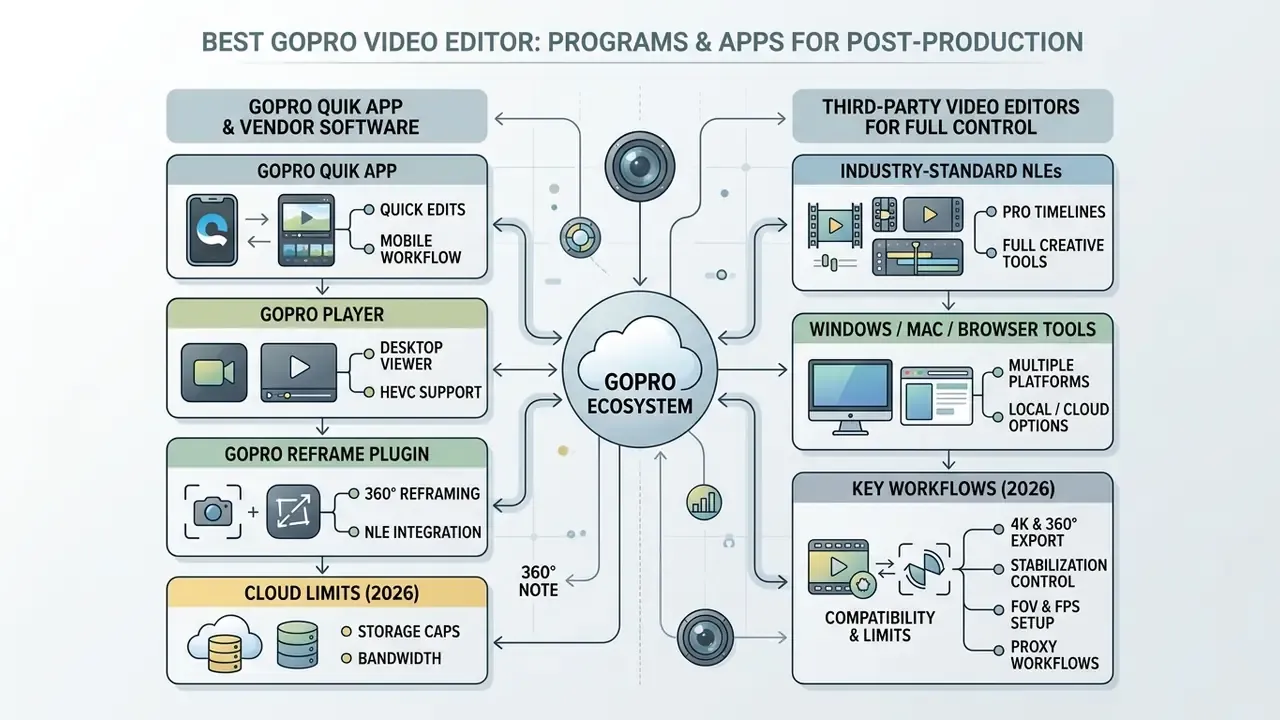 Diagram showing the GoPro ecosystem connecting vendor apps, third-party software, and key video workflows