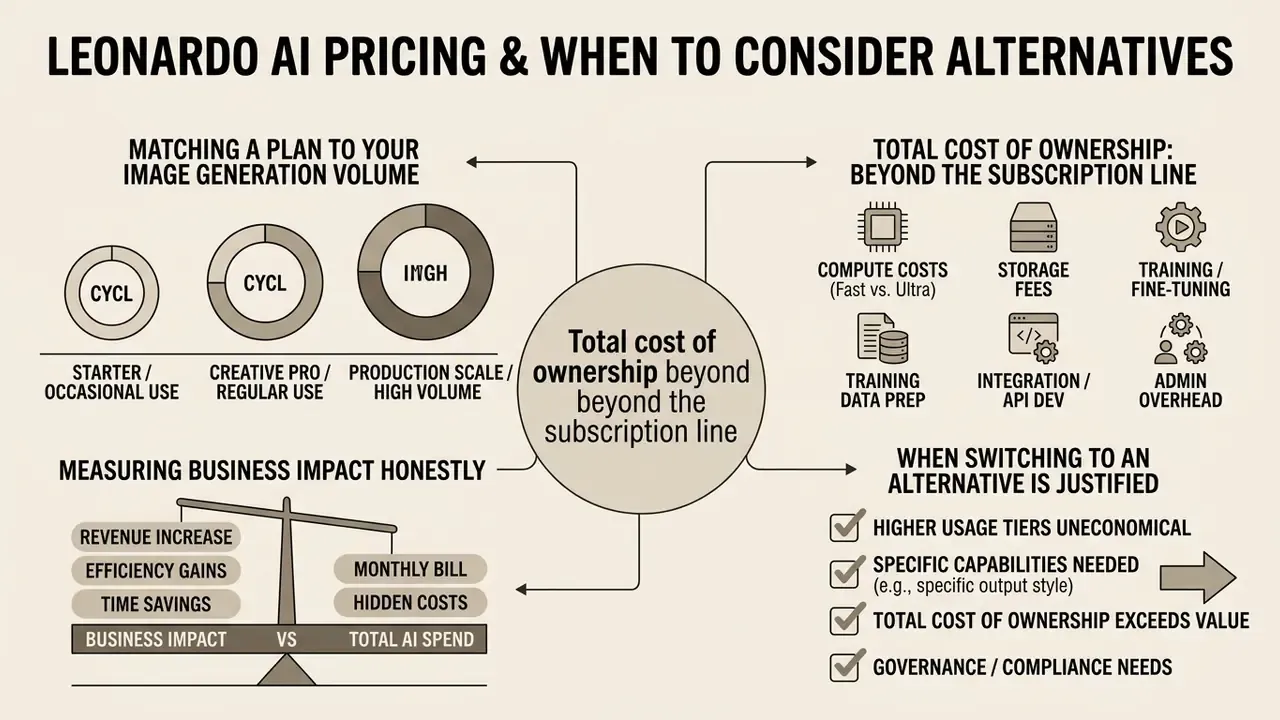 Summary of Leonardo AI pricing factors including generation volume, hidden costs, and switching criteria