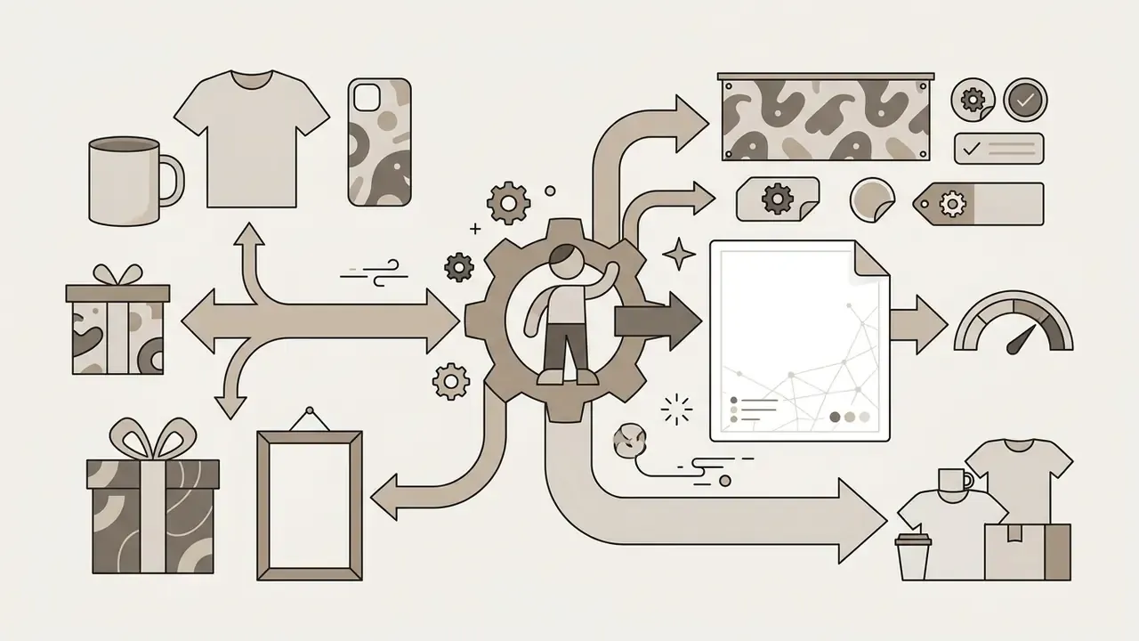 Diagram showing a character inside a gear connecting design files to various merchandise and gift items