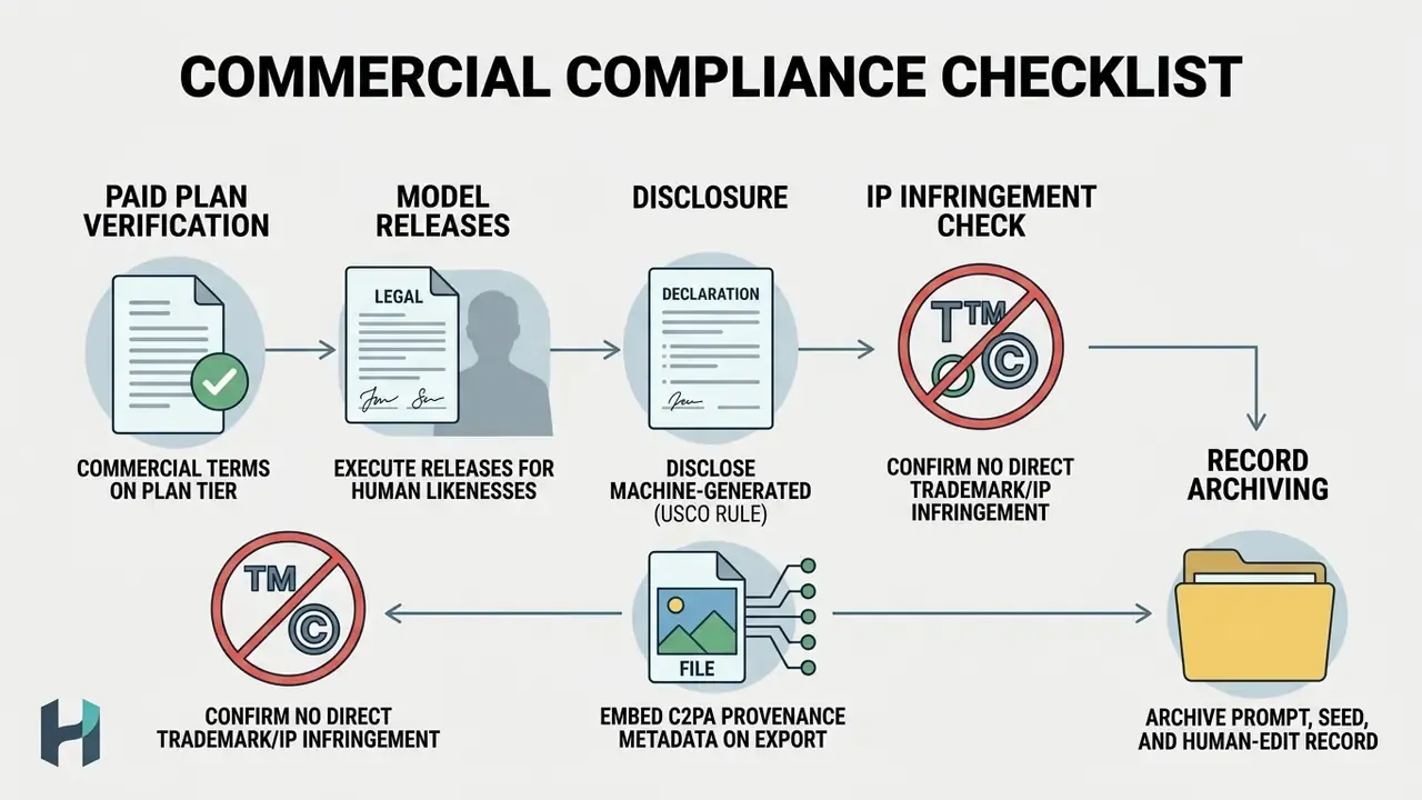Sequential steps for legal and administrative compliance when preparing AI images for commercial use