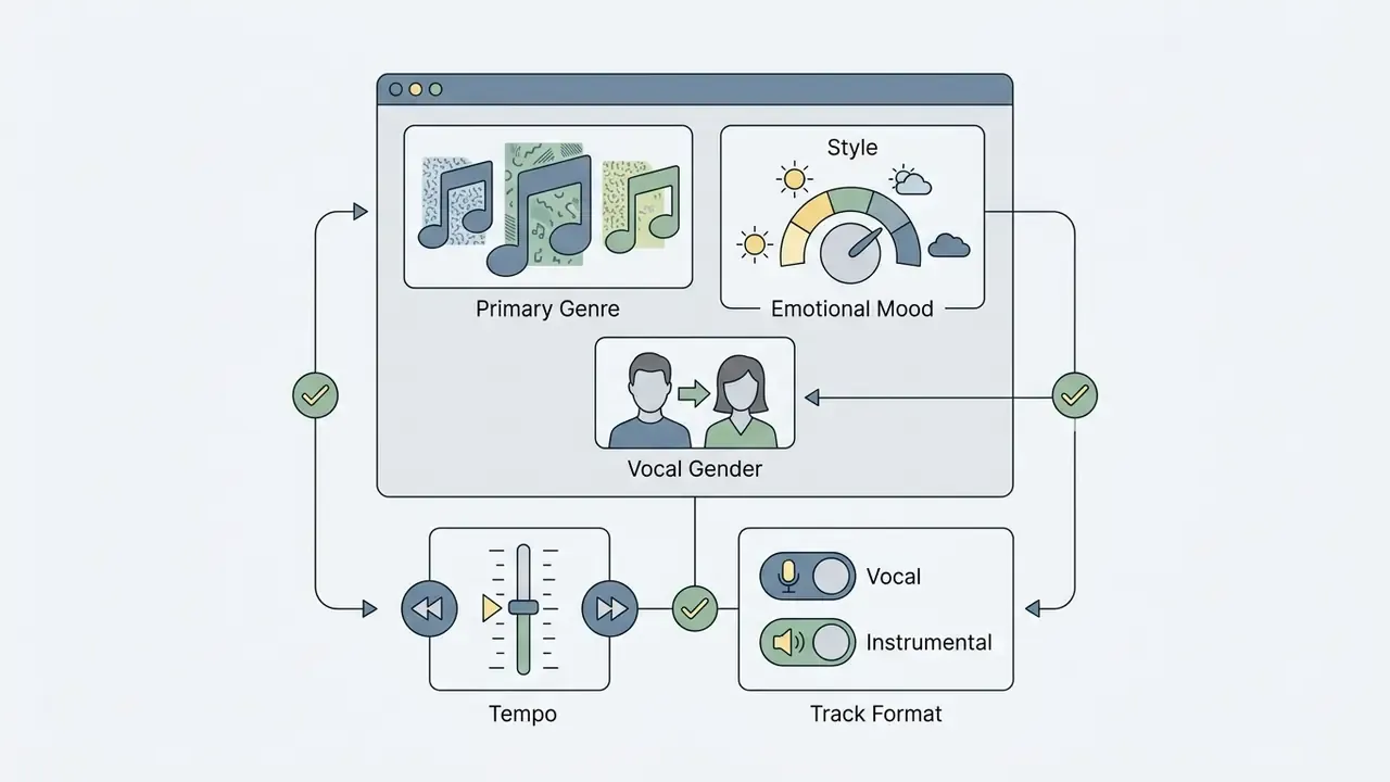 Software interface showing controls for genre, mood, vocal gender, tempo, and track format settings