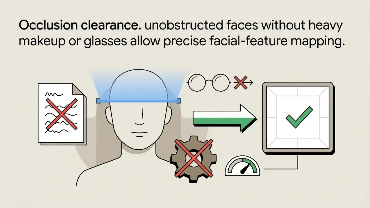 Head outline with red crosses over glasses and a gear icon indicating restricted obstructions for scanning