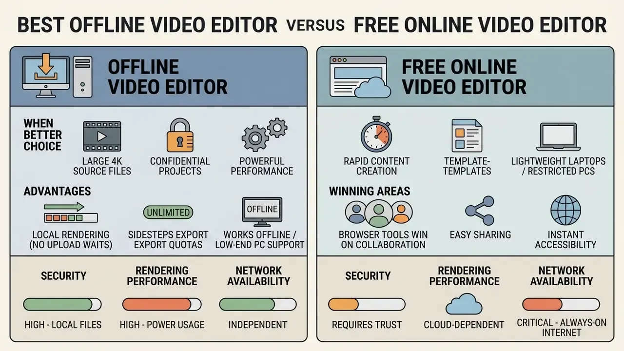 Comparison infographic highlighting the key differences between offline and free online video editor tools