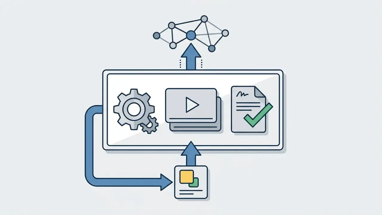 Gear icon, video player, and document with checkmark linked to a network node and a layered layout icon