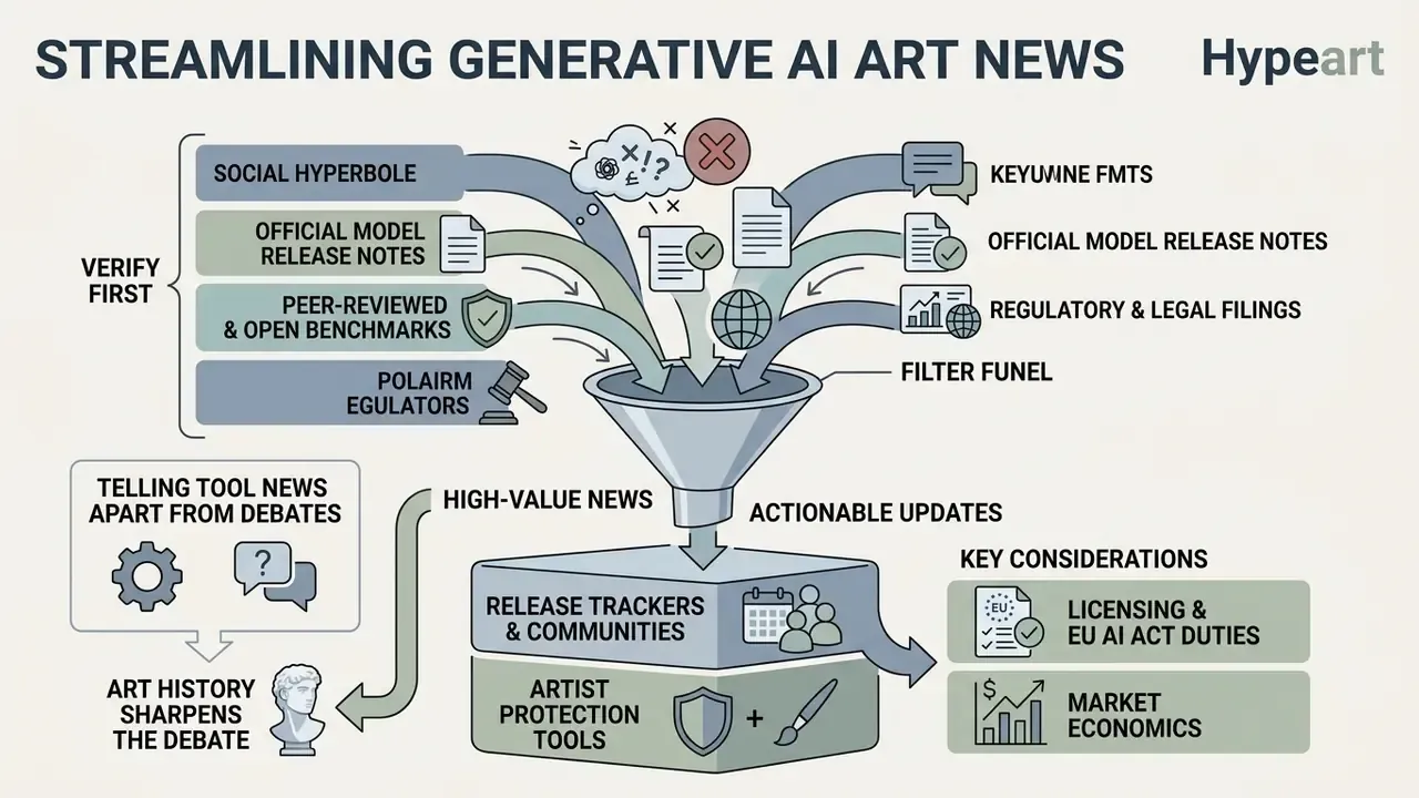 Flowchart showing how to filter generative AI art news using a funnel to isolate actionable updates