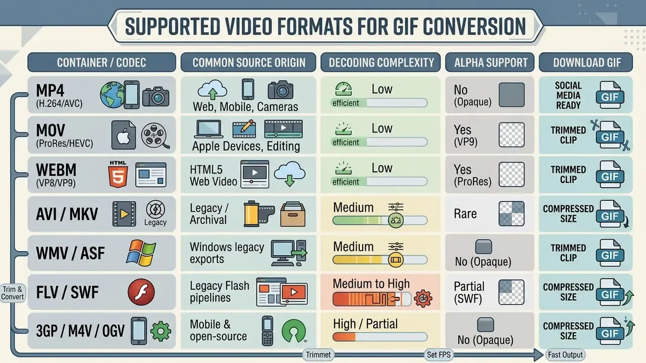 Comparison table detailing container, codec, complexity, and alpha support for various video file types