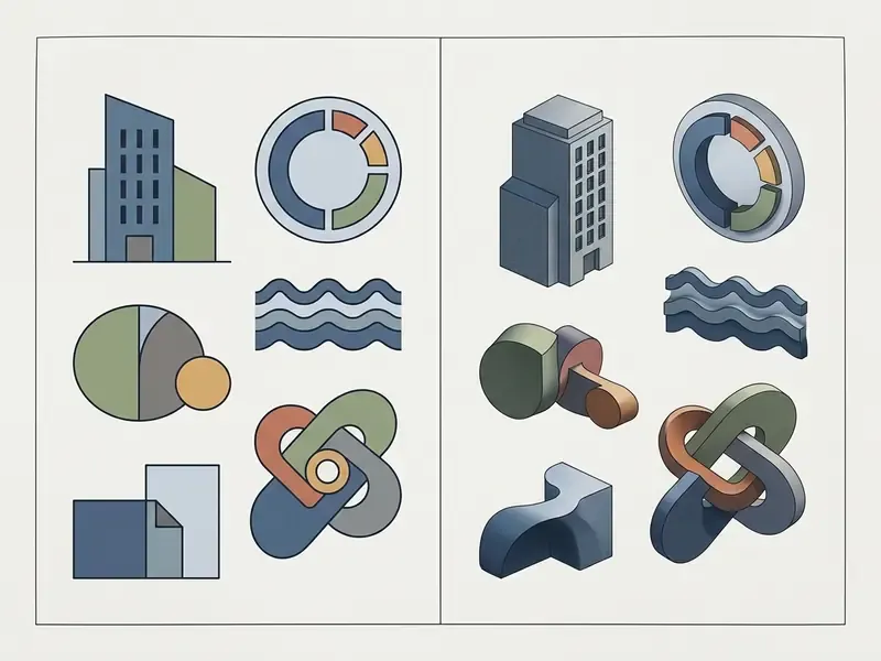 Side by side comparison of flat 2D shapes and their volumetric 3D counterparts