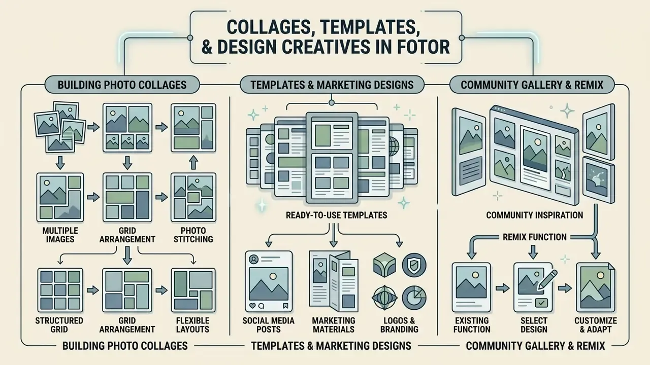 Infographic showing the process of creating photo collages, using marketing templates, and remixing designs
