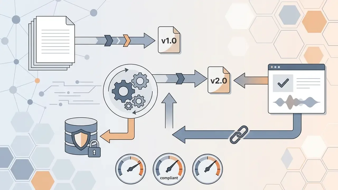 Documents passing through a gear process to update version numbers and link to a secure database