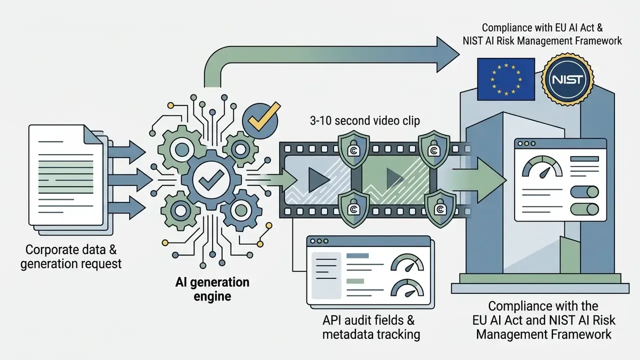 Data flow diagram showing document inputs processed into protected video clips with regulatory compliance