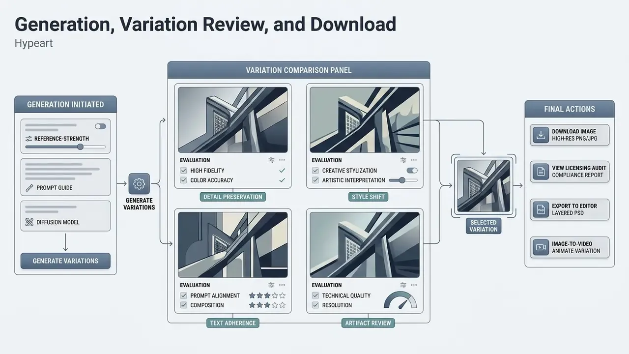 Workflow diagram showing a comparison panel for evaluating generated visual variations before final export