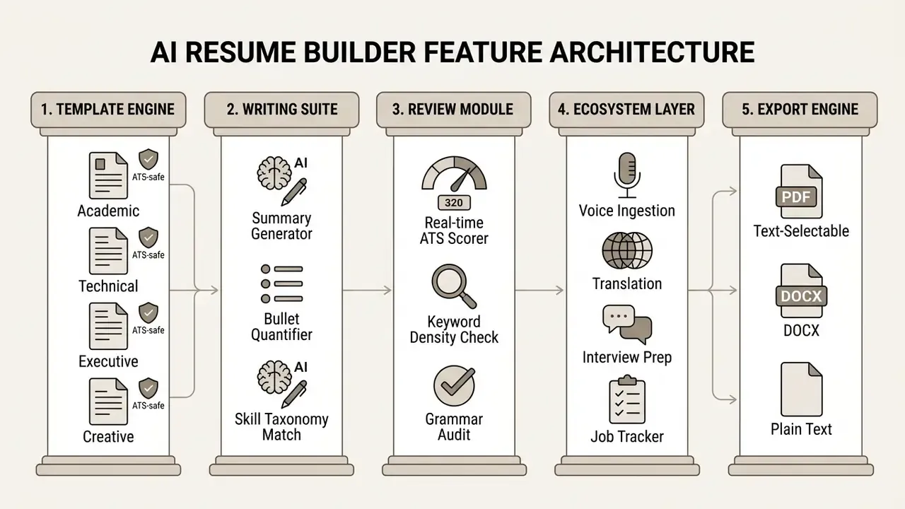 Five pillars representing stages from template selection and writing tools to review and final file export
