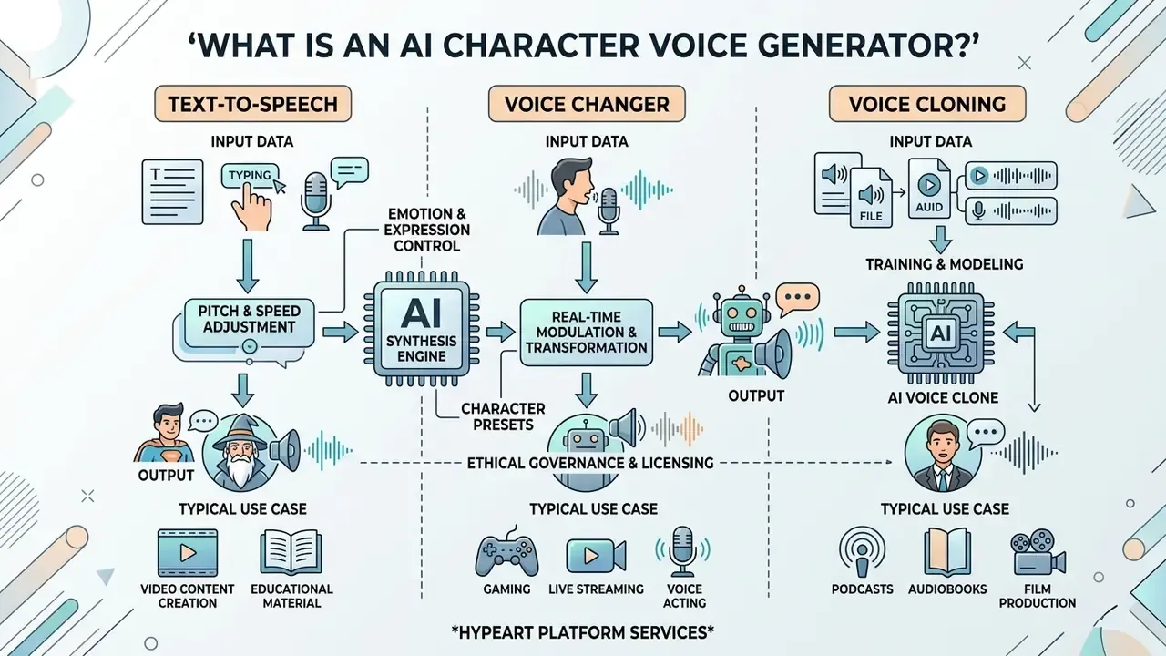 Flowchart comparing text-to-speech, voice changer, and voice cloning processes for AI character generation