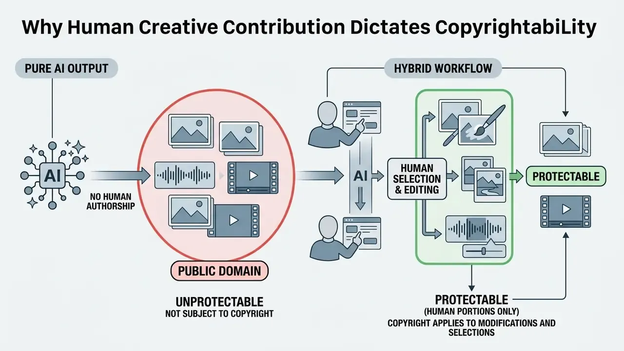 Flowchart contrasting unprotectable pure AI output with protectable hybrid human-edited media content