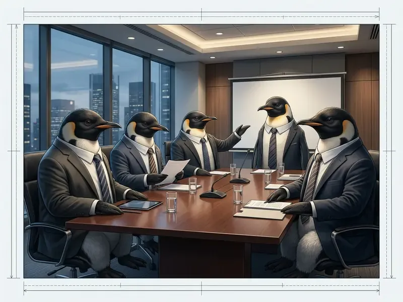 Giant fluffy penguins in formal business suits sitting around a conference table in a high-rise office