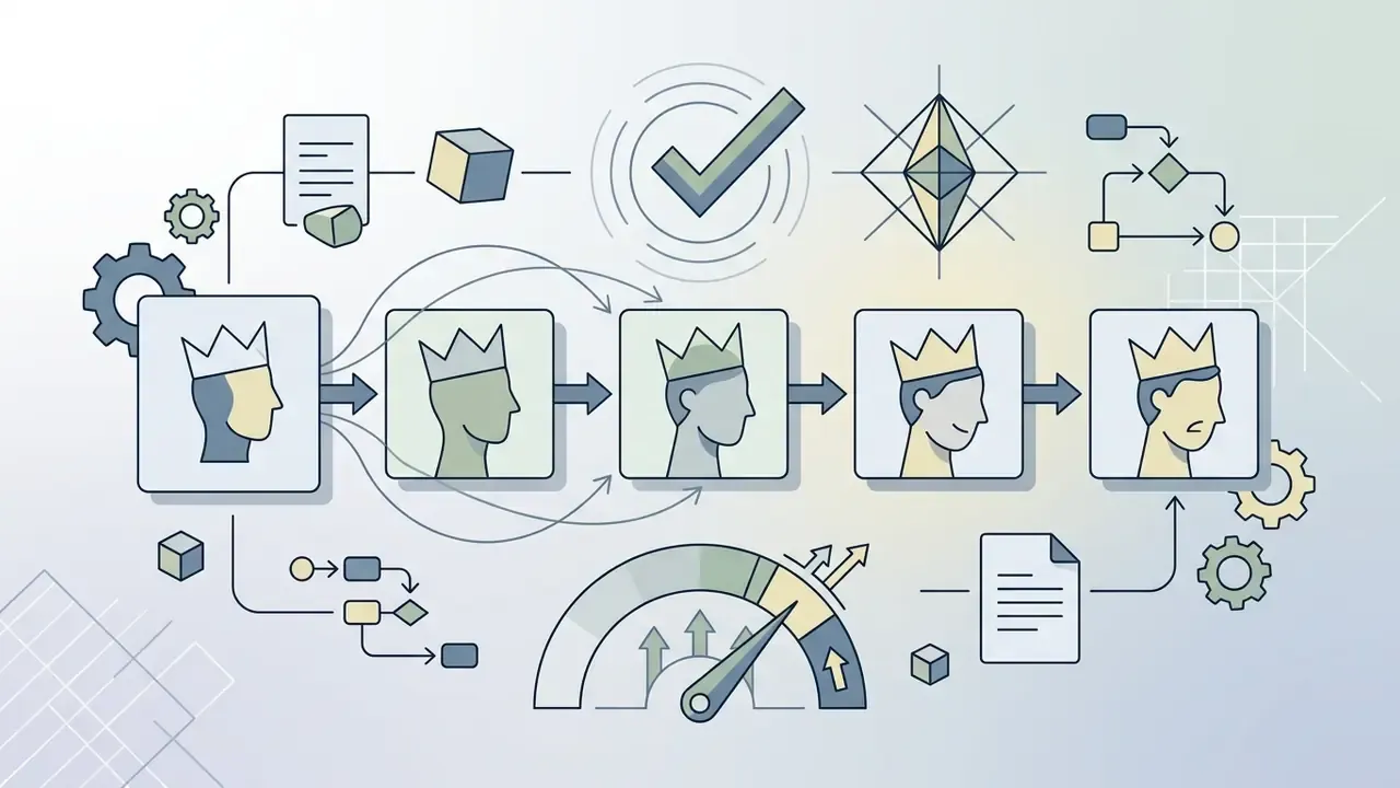 Sequence of five profile icons with crowns connected by arrows alongside process symbols and a gauge