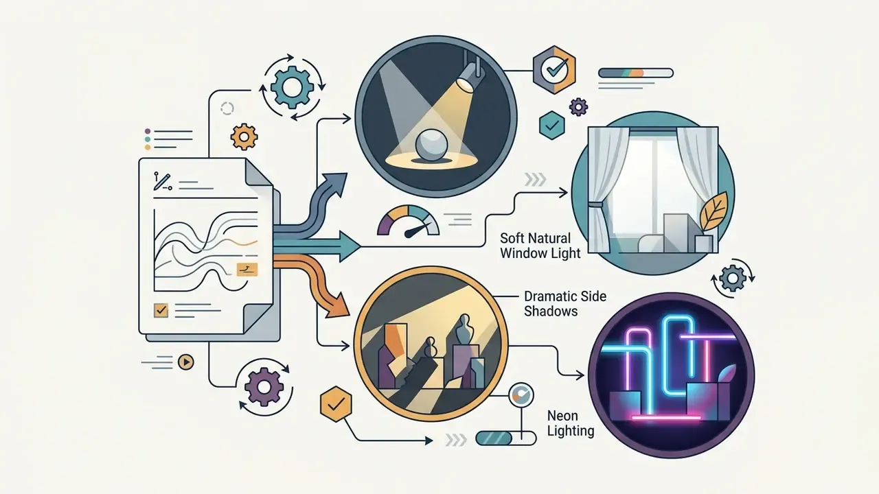 Document icon connecting to circular scenes showing focus, window, shadow, and neon lighting effects