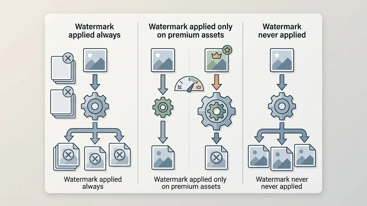 Three scenarios showing how photo collage apps apply watermarks to standard or premium assets