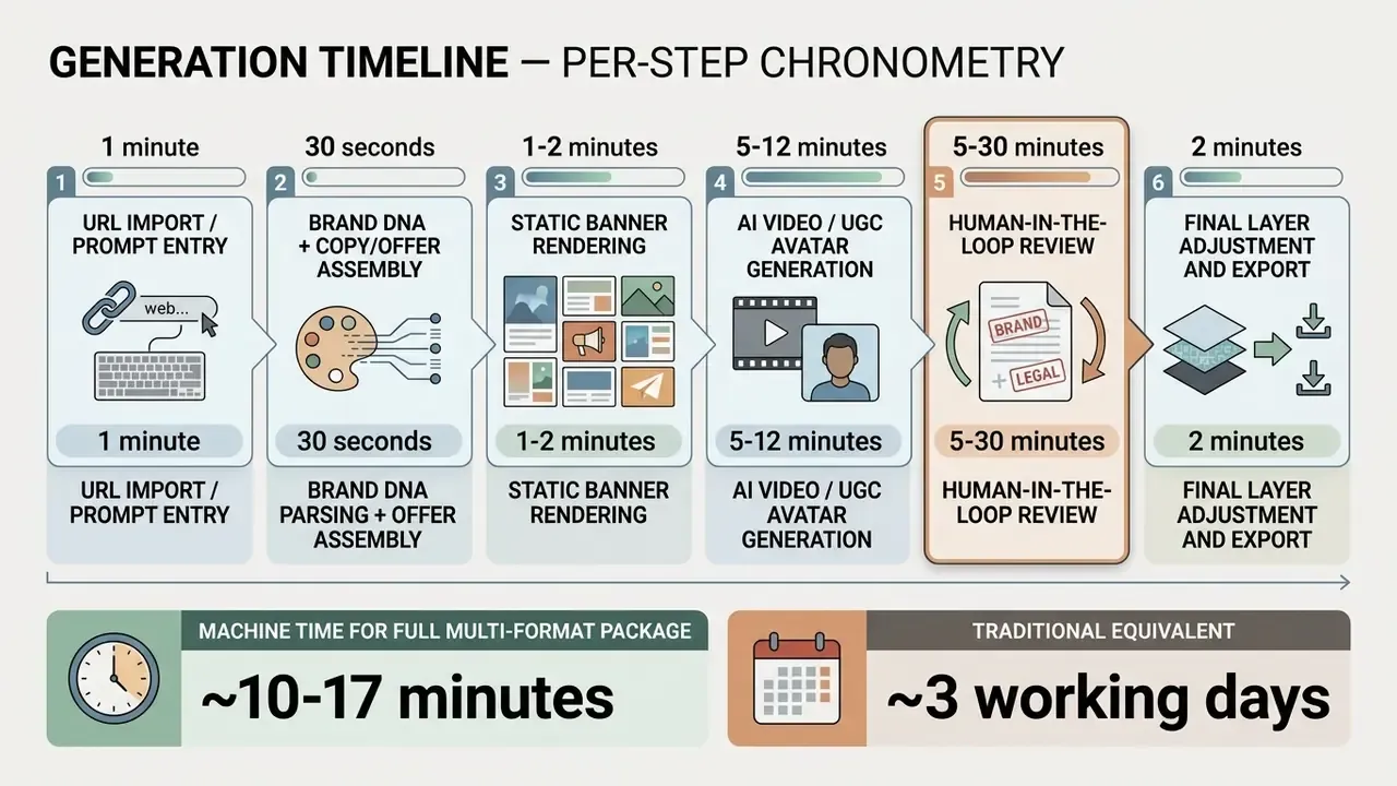Chronological breakdown of a six-step production timeline comparing machine processing time to manual labor