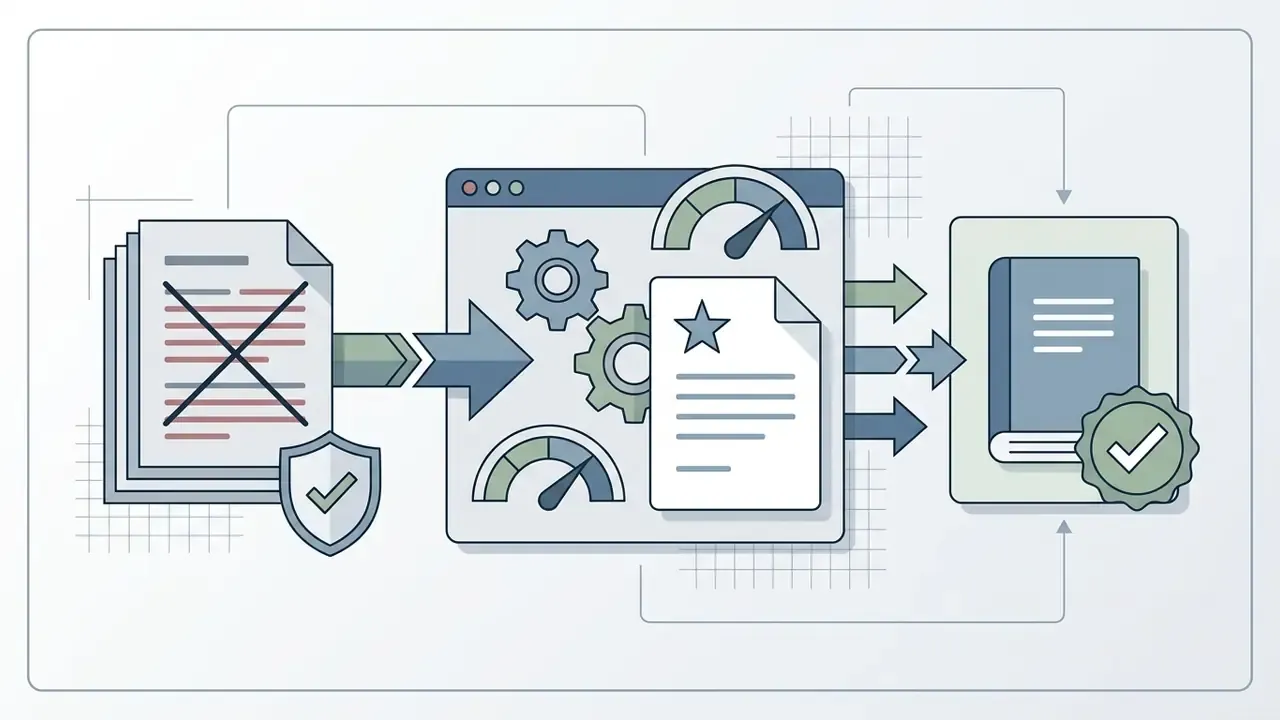Documents with a shield icon feeding into a gear-driven dashboard to produce a finalized reference book