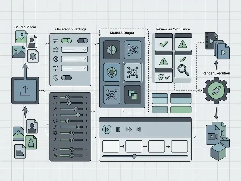 Dashboard interface showing media upload, generation settings, model selection, and render execution
