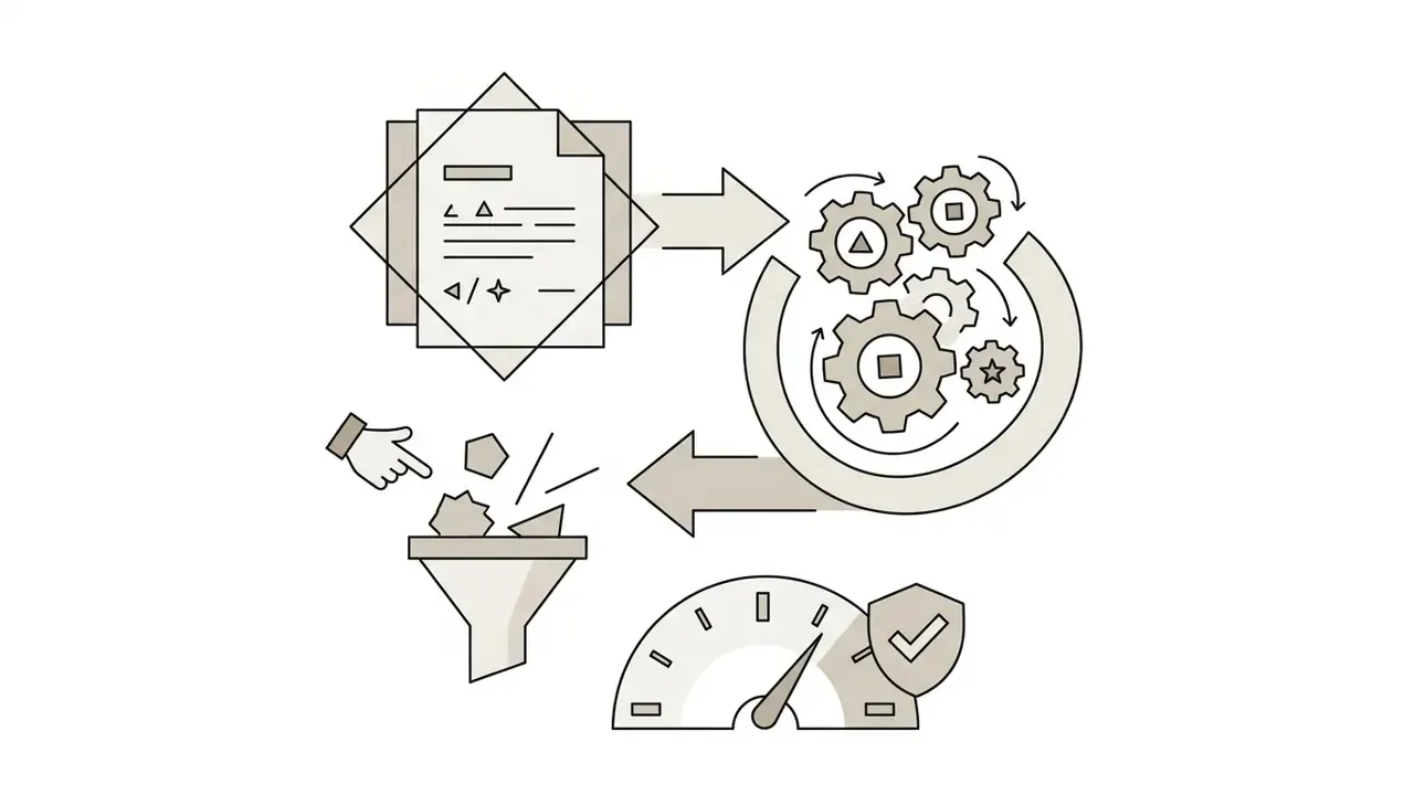 Documents feeding into rotating gears that process items through a funnel toward a gauge with a checkmark