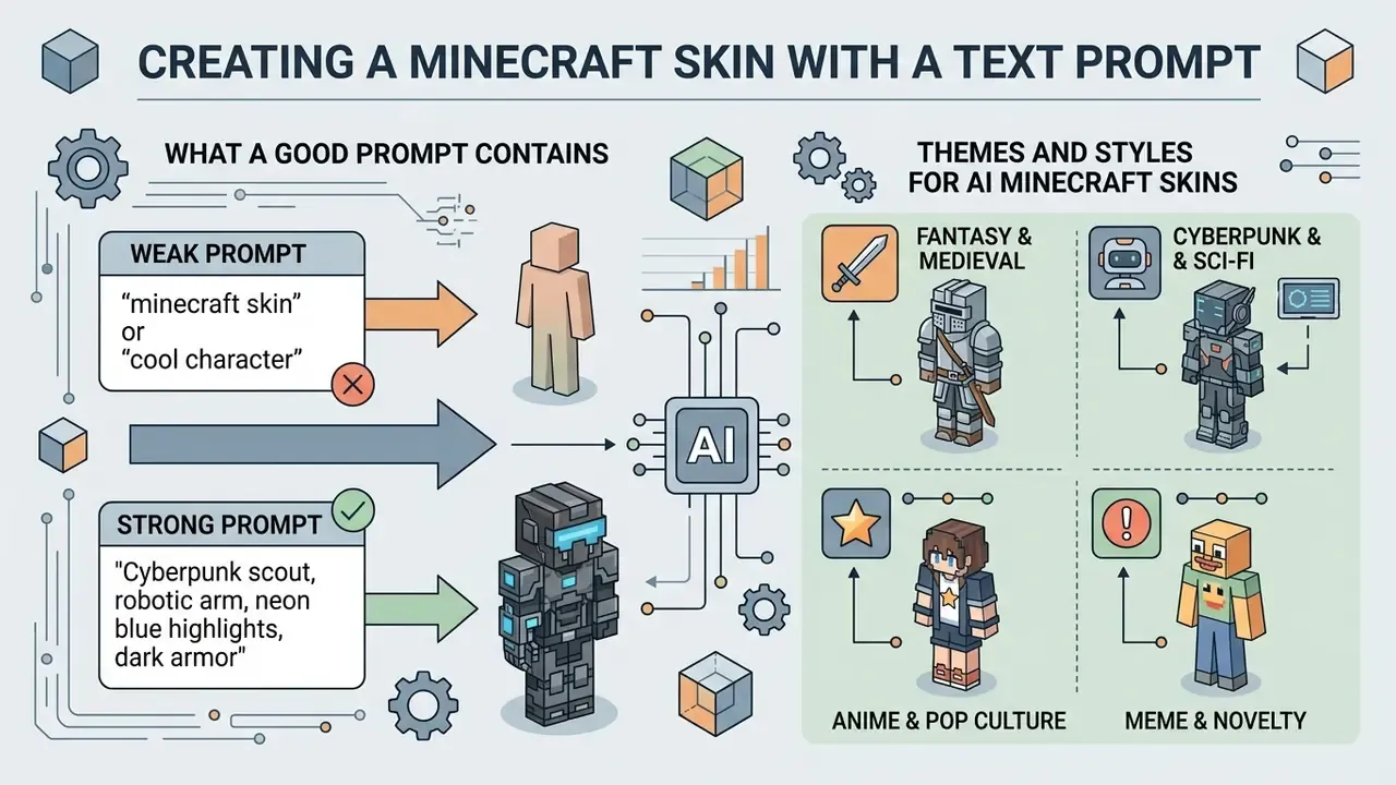 Infographic comparing weak and strong text prompts for an ai minecraft skin generator across four themes