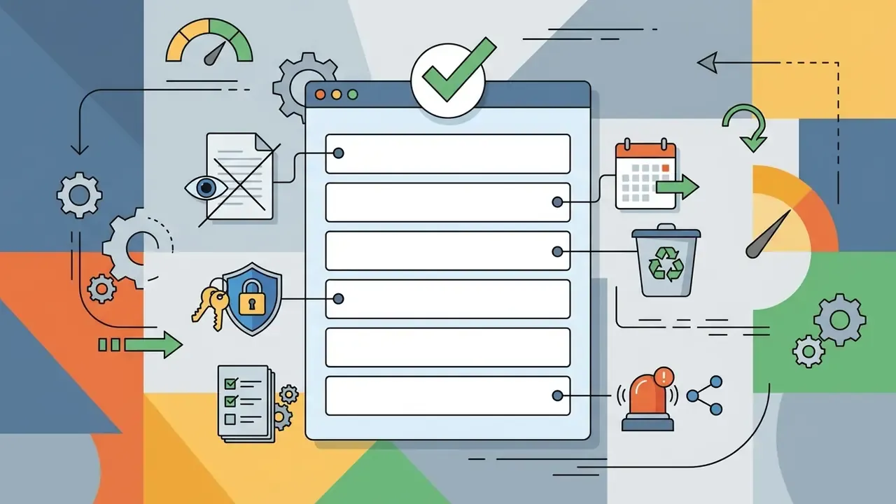 Central list with icons for privacy, retention, deletion, security, and alerts connected by gear lines