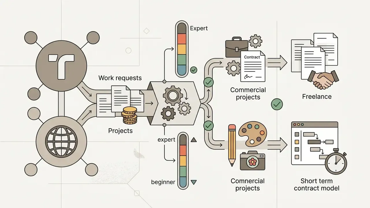 Network hubs filtering project requests through experience tiers into freelance and contract work models
