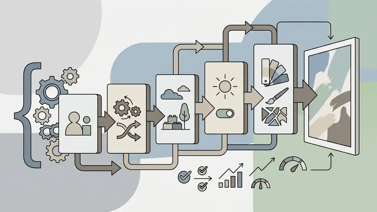 Series of icons representing prompt components leading to a final image with performance metrics below