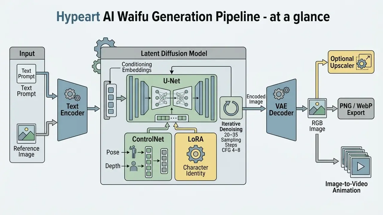 Flowchart detailing the technical process of an AI waifu generator from input prompts to final export