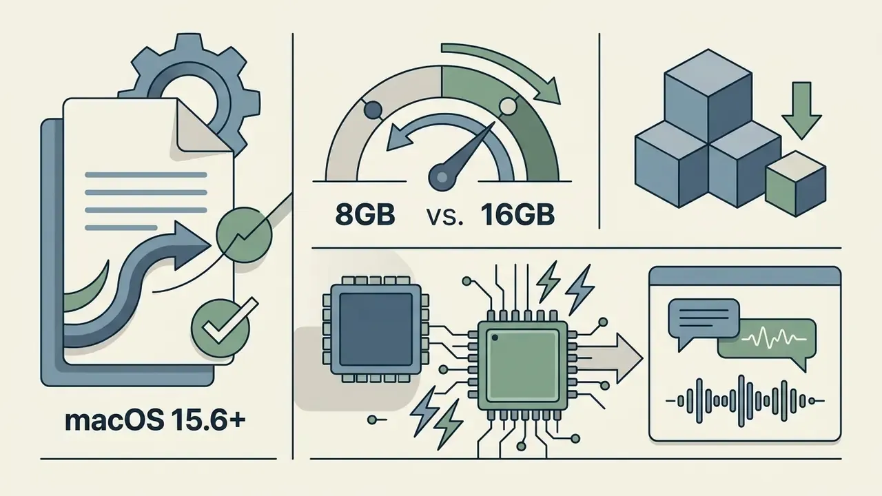 Icons representing macOS requirements, memory comparisons, storage usage, and processor capabilities