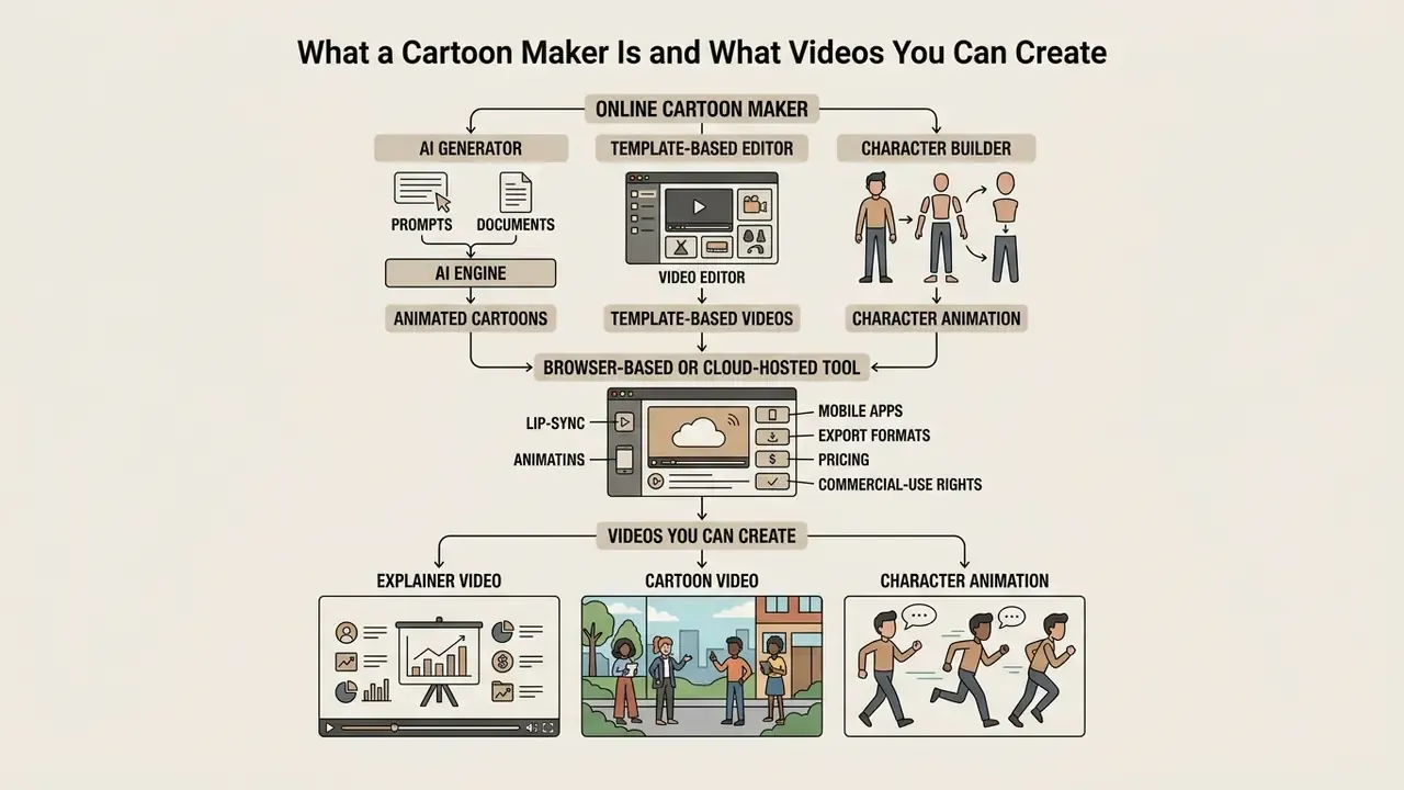 Flowchart showing how an online cartoon maker processes inputs into explainer videos and character animations