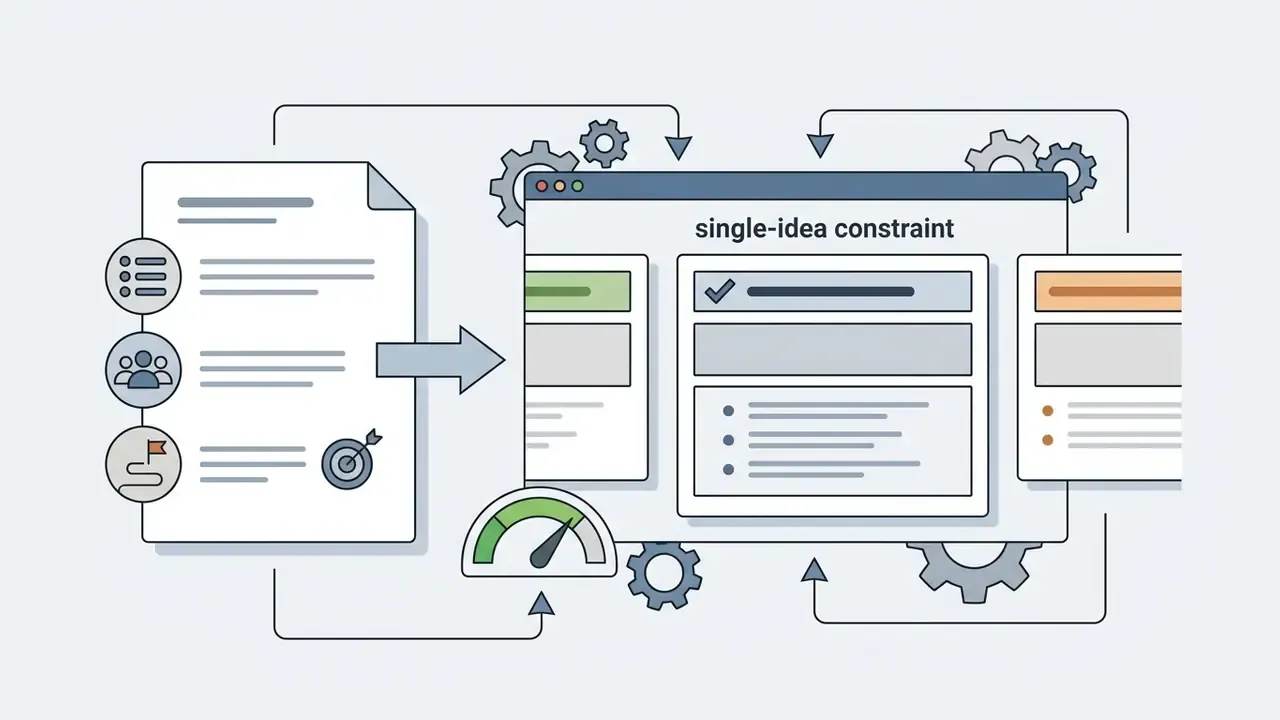 Document with icons feeding into a single-idea slide layout with gears and a speed gauge