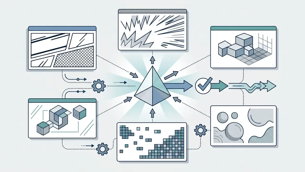 Central pyramid icon connecting various artistic style windows with arrows and gear symbols