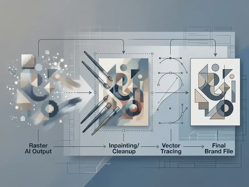 Step by step process showing AI raster output refined through manual cleanup and vector tracing