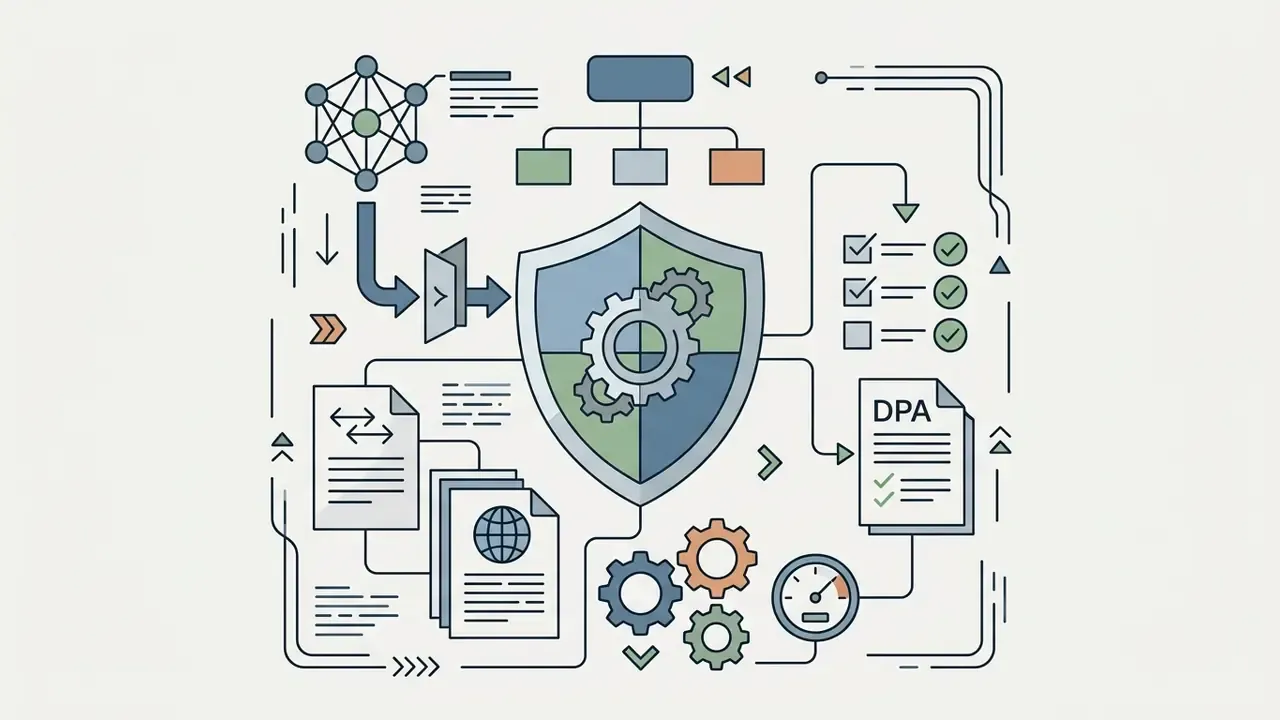 Network nodes and documents feeding into a central shield icon with gears and a DPA compliance checklist