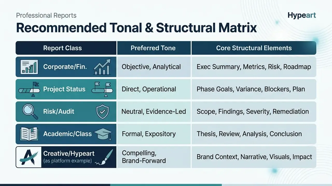 Matrix table matching five report classes to their preferred tones and core structural elements