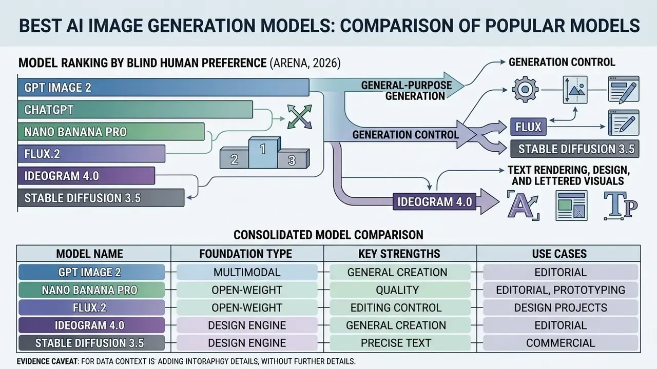 Comparative chart showing AI image model rankings alongside a table detailing model types and strengths