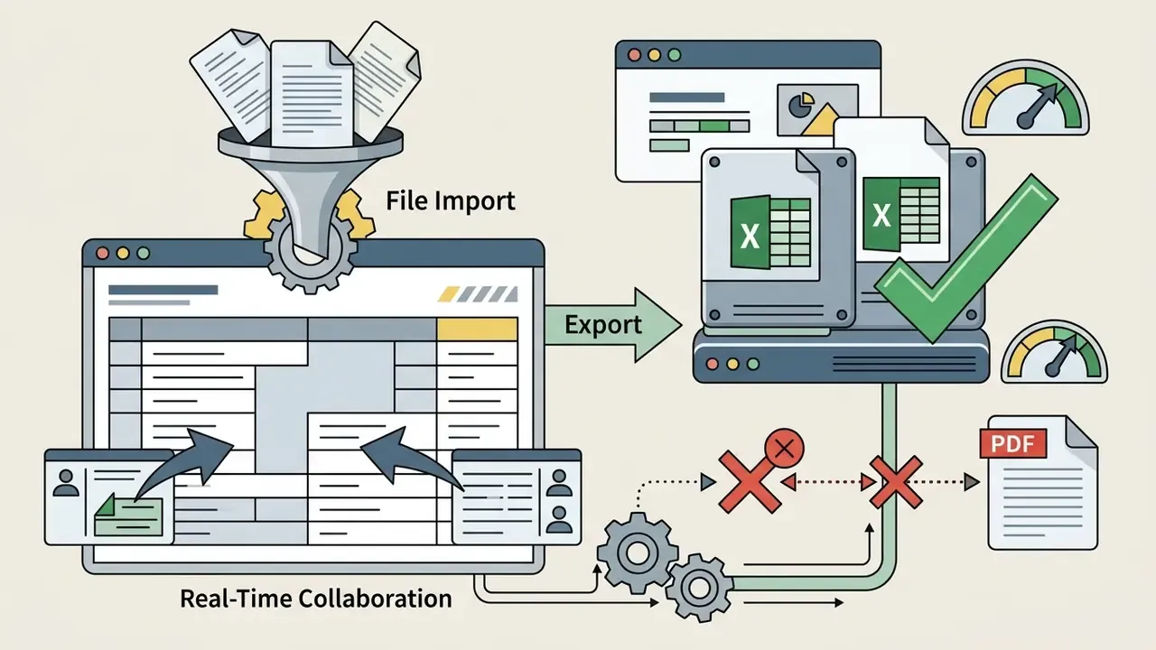 Documents passing through a funnel into a spreadsheet interface with export options to Excel or PDF