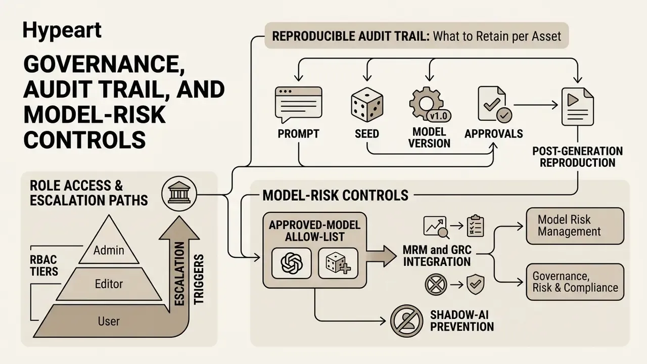 Visual summary of audit trails, role access tiers, and model risk control processes for synthetic media