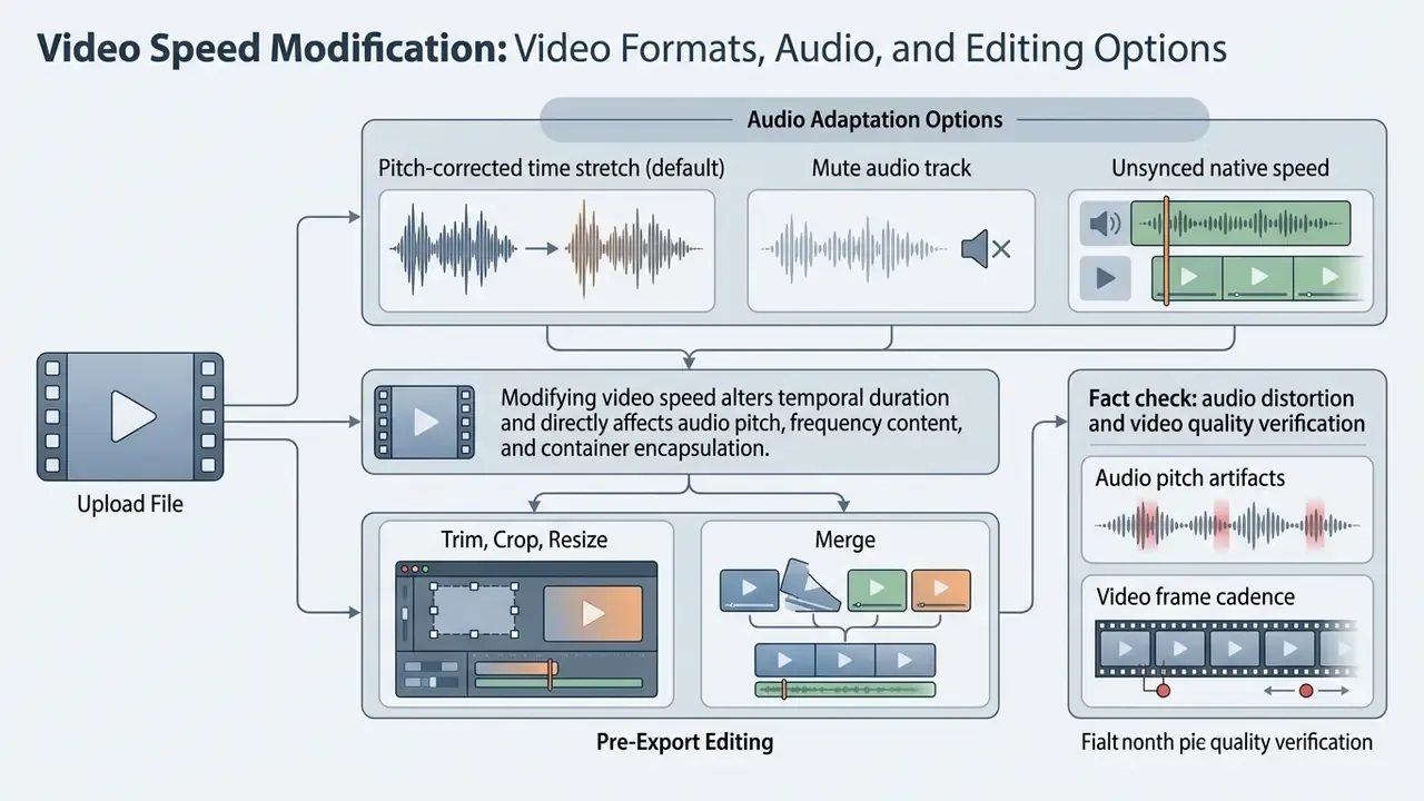 Diagram showing how to speed up video online through audio adaptation, editing tools, and quality checks