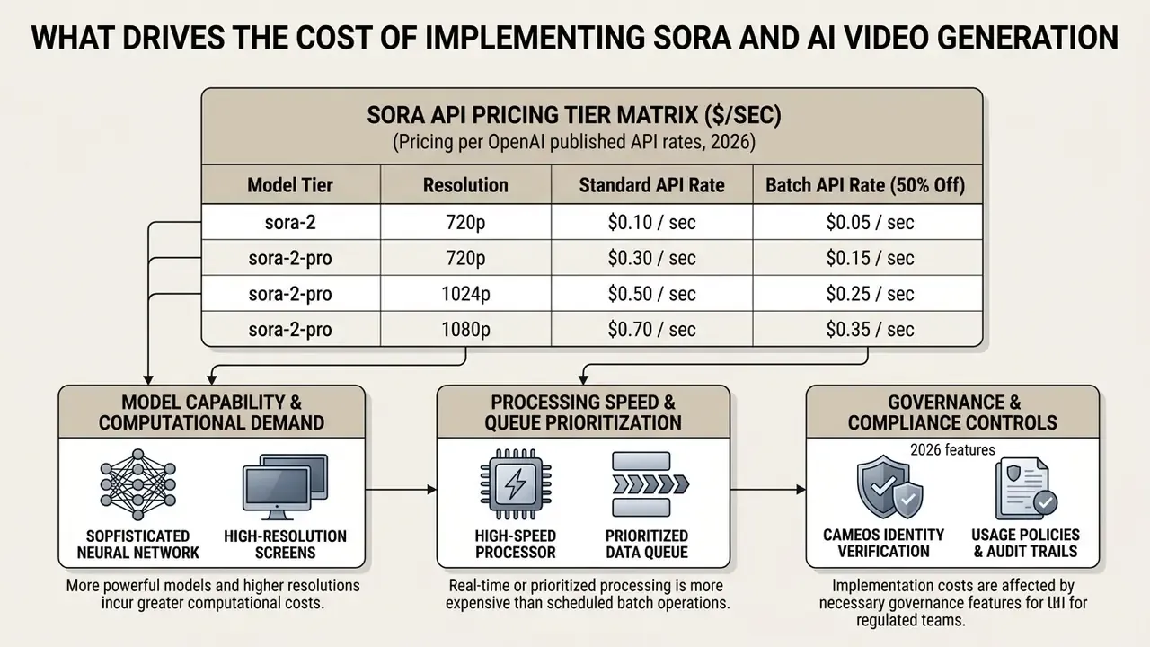 Table showing Sora API pricing tiers alongside factors influencing AI video generation implementation costs