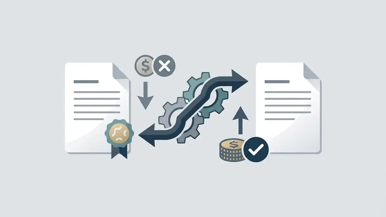 Document processing graphic with financial symbols, gears, and status markers for a reel maker app