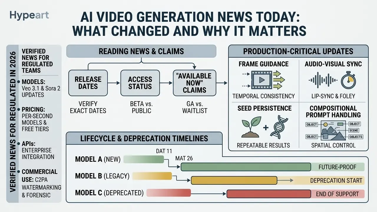 Flowchart summarizing production-critical AI video generation updates and model lifecycle timelines