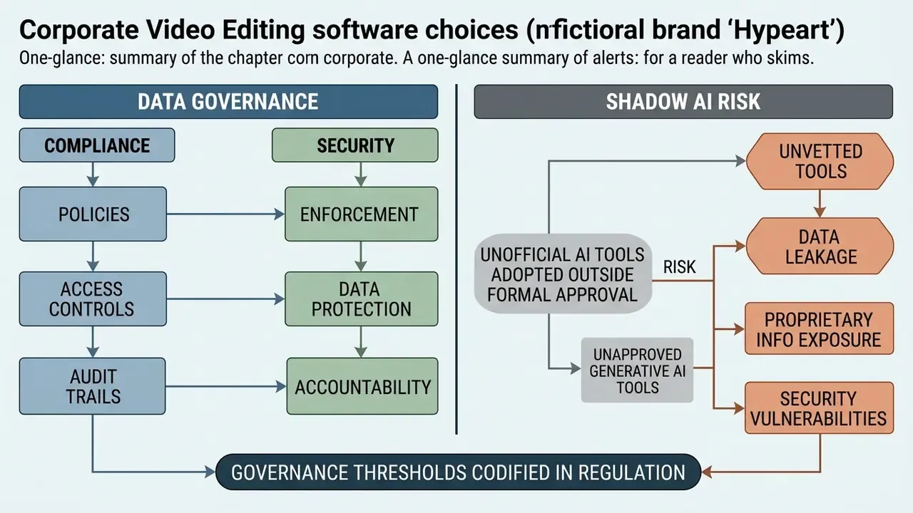 Flowchart comparing corporate data governance frameworks against risks from unapproved generative AI tools