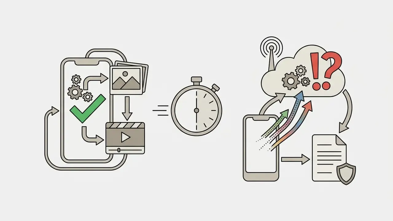 Smartphone processing media locally versus uploading footage to external cloud servers for editing