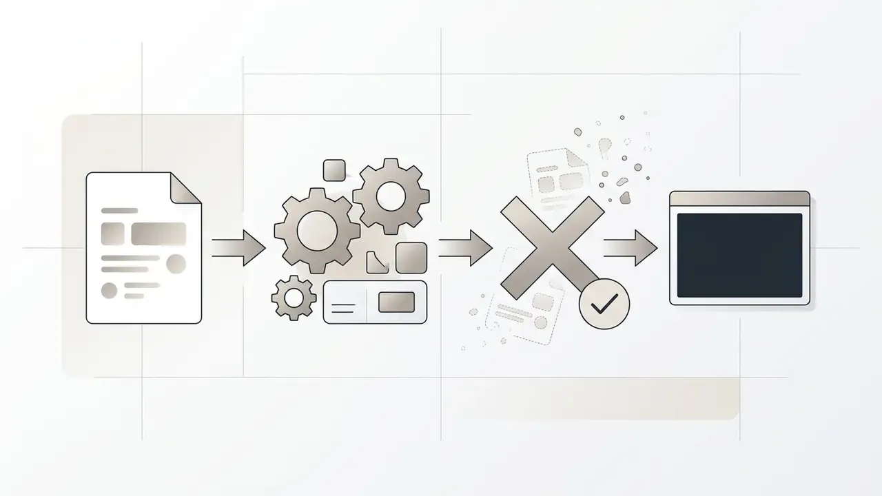 Sequence showing a document entering a gear mechanism, being deleted, and leaving an empty screen